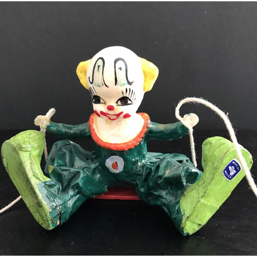Mexican Paper Mache Vintage Folk Art Clown On Swing